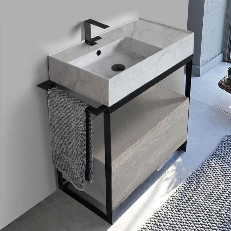 Console Bathroom Vanity, Scarabeo 5115-F-SOL1-88, Console Sink Vanity With Marble Design Ceramic Sink and Grey Oak Drawer